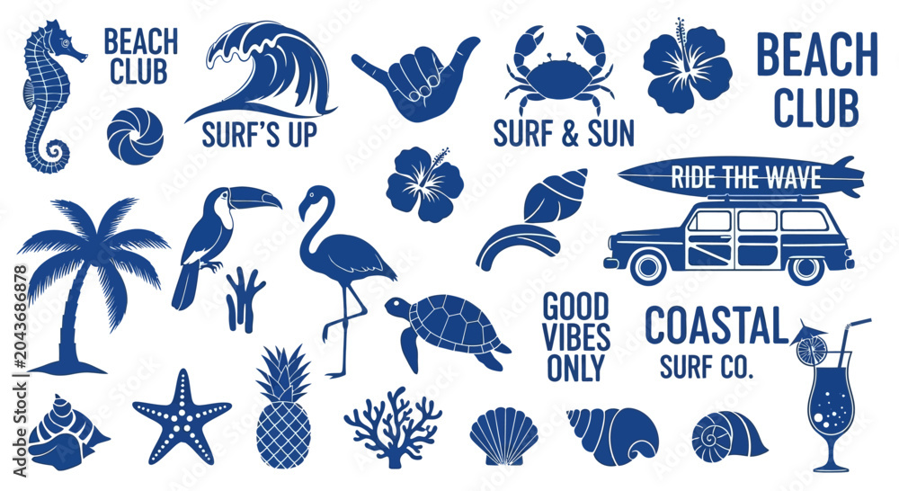 Obraz premium Set of coastal and tropical beach icons in blue.