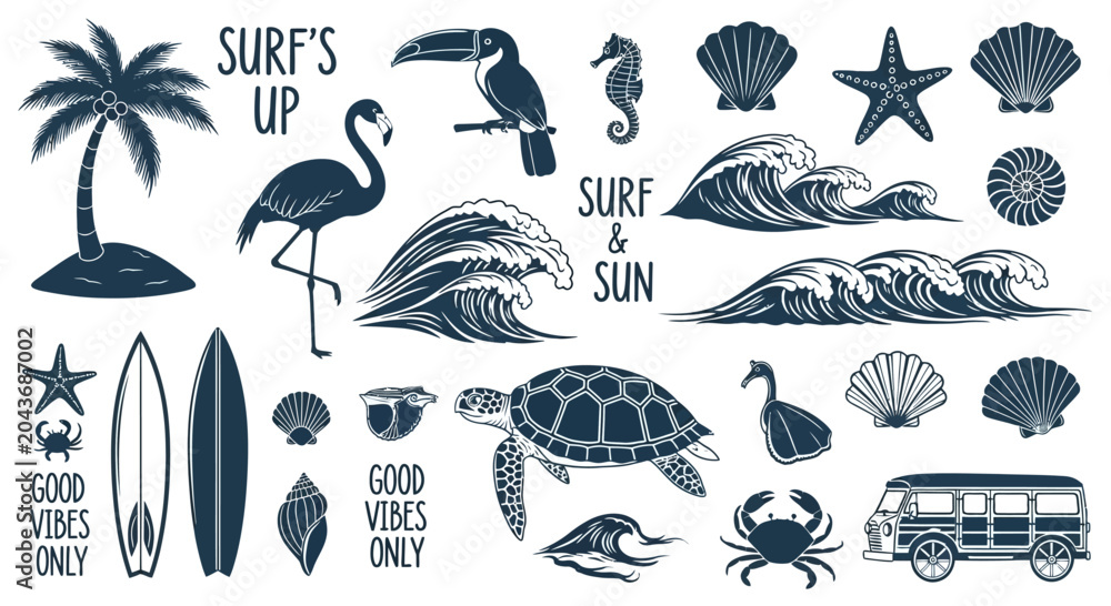Obraz premium Set of hand drawn tropical beach and surfing themed design elements.