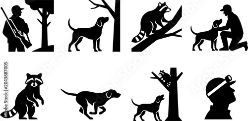 Quadro em tela Black silhouette icons of hunting and outdoor activities featuring hunters dogs