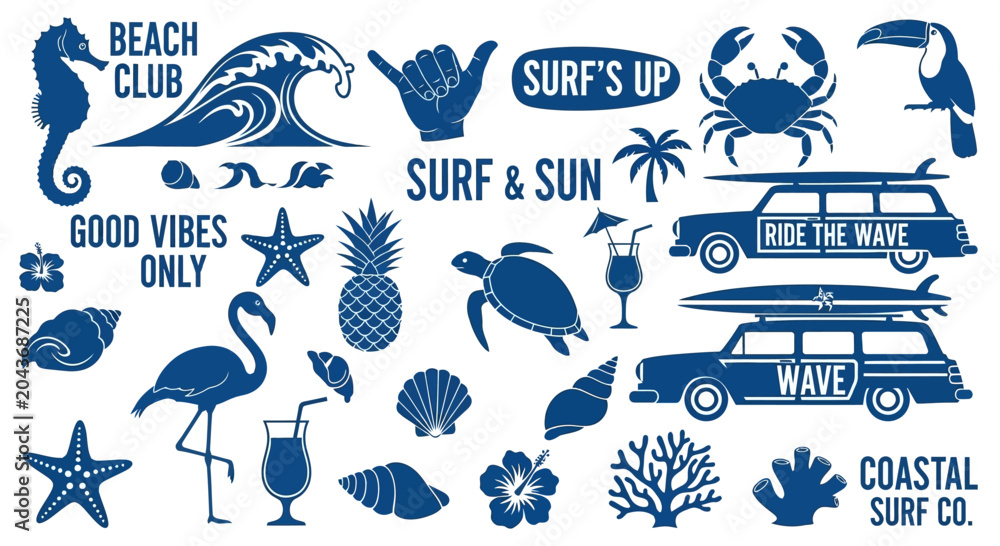 Obraz premium Set of coastal and surfing themed blue icons and design elements.
