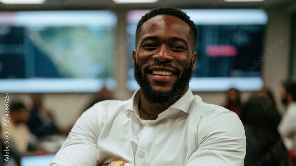 Obraz premium Confident Businessman with Gold Watch and Beard, Smiling in a Corporate Environment