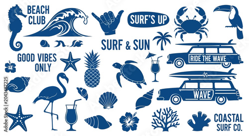 Photography Set of coastal and surfing themed blue icons and design elements.