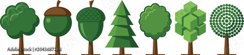Stylized tree illustration collection with geometric shapes acorn designs and green foliage in modern eco friendly creative artwork