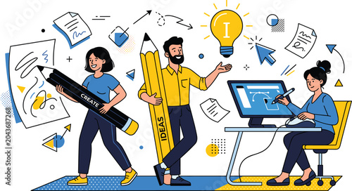 Creative teamwork illustration with designers holding pencils and working on digital art surrounded by inspiration and idea symbols artwork