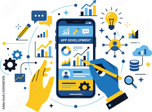Mobile app development illustration with smartphone hands charts and creative technology icons in modern digital innovation design artwork
