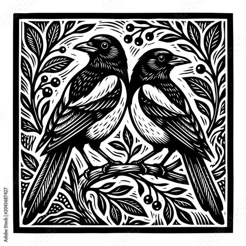 Photos Black and White Heritage Woodcut Style Illustration of a pair of magpies
