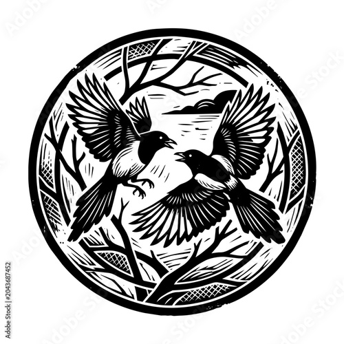 Canvastavla Black and White Heritage Woodcut Style Illustration of a pair of magpies