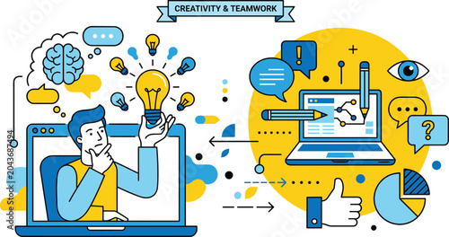 Creativity and teamwork illustration with laptops light bulb and communication icons representing idea sharing and digital collaboration artwork