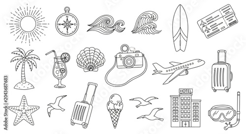 Set of hand drawn travel and vacation icons.