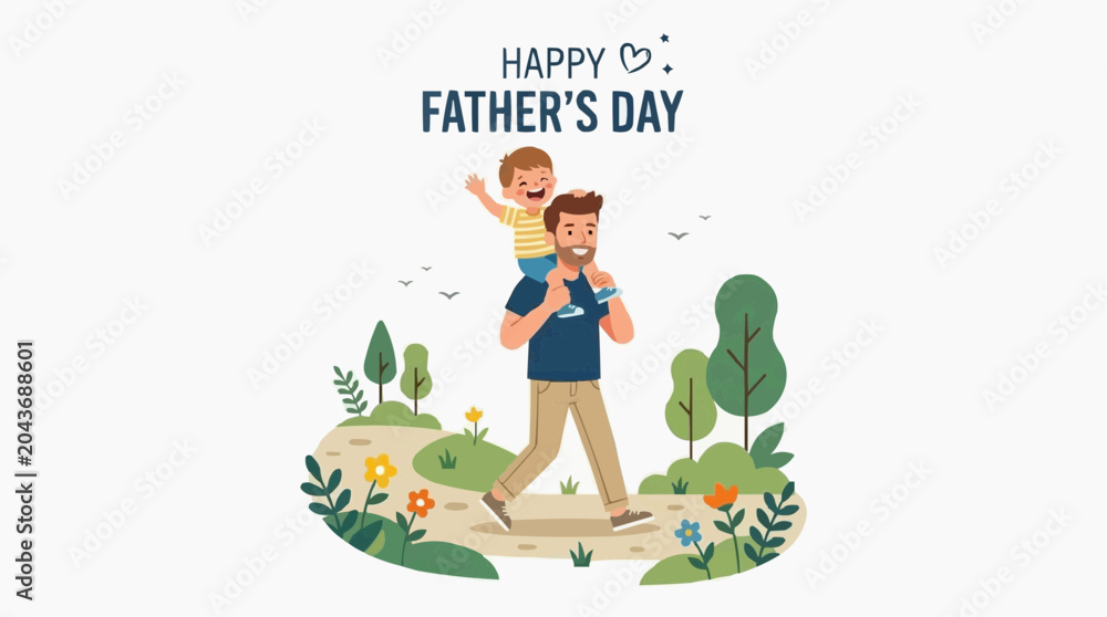 Naklejka premium Happy Father's Day illustration with a father carrying his son on his shoulders in a park.