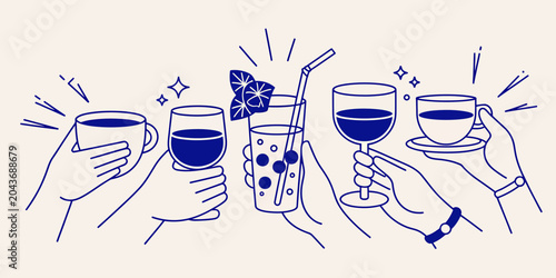 Hands holding various drinks and toasting with friends in a social gathering