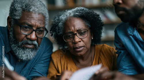 Older couple reviewing documents with advisor, signing papers in home office, concerned expression.