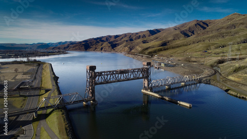 Photos Drone photo of railroad draw bridge at the confluence of the Clearwater River an