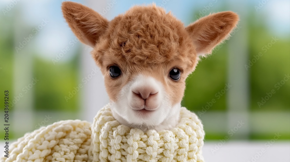 Naklejka premium Cute Baby Alpaca Wearing Knitted Scarf Looking Curious at Camera