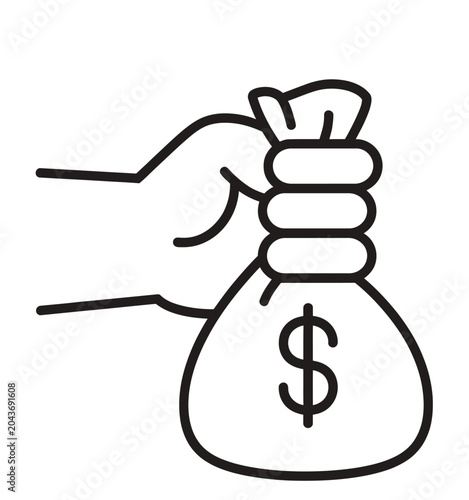 Minimalist vector icon of a hand holding a money bag with a dollar sign, perfect for finance, banking, and business concept designs.