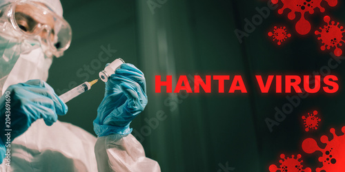 Quadro em tela Medical professional in PPE coverall and blue gloves carefully draws vaccine from a vial into a syringe for hantavirus treatment preparation inside a small health clinic