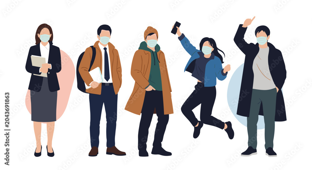 Obraz premium Diverse group of men and women wearing stylish winter outfits and protective face masks while standing and jumping for joy.