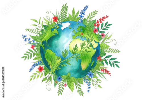Colorful earth with flowers and greenery illustration isolated on transparent background