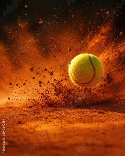 Tennis Ball Exploding Through Clay Dust With Dramatic Orange Particles And Professional Sports Action Background