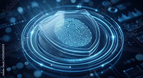 A digital shield with a fingerprint symbolizes cybersecurity, data protection, and advanced technology safeguarding sensitive information.