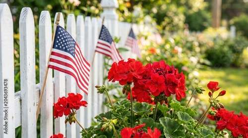 Small American flags are placed along a white wooden picket fence behind vibrant blooming red flowers in a lush green garden, beautiful backyard decor, patriotic summer holiday.