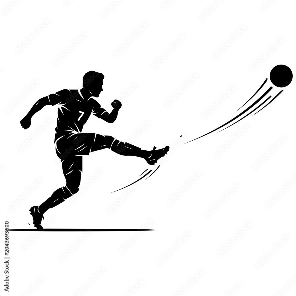 Obraz premium Athlete Kicking Soccer Ball in Dynamic Motion Silhouette Against Plain Background