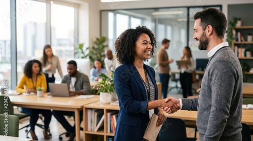 Smiling professional man and woman shake hands in a modern open space office with colleagues working in the background, successful corporate partnership, diverse business teamwork scene.
