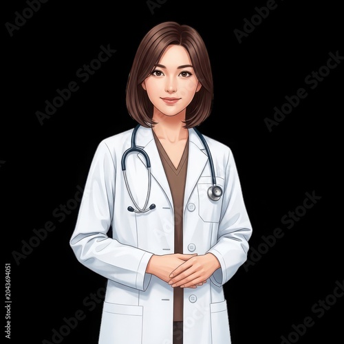 Female doctor in white lab coat and stethoscope, professional and caring appearance.