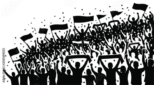 Tableau sur toile Crowd Silhouette Cheering with Flags and Confetti for Sports and Events Banner