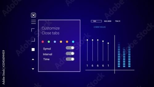 Holographic Business Analytics Screen Futuristic HUD Data text Interface Sci Fi 2D texture. Blue background