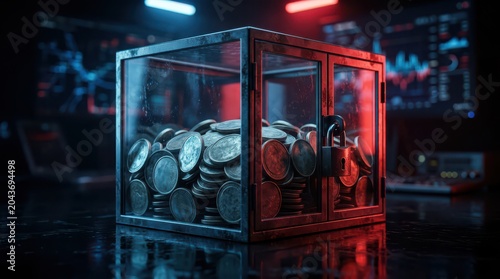 A transparent locked box filled with coins, set against a digital financial backdrop with charts and data, symbolizing security and investment.