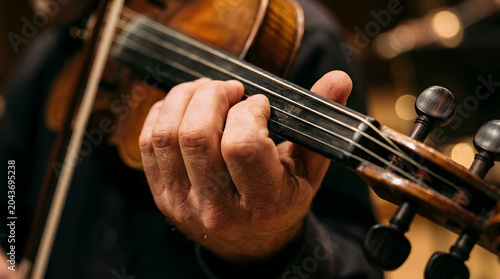 Close up of a musicians hand pressing strings on the fingerboard of a classic wooden violin during a performance.
