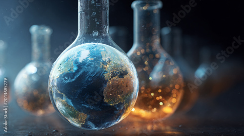 A stunning image of a laboratory featuring glass flasks containing the Earth, representing scientific exploration and sustainability