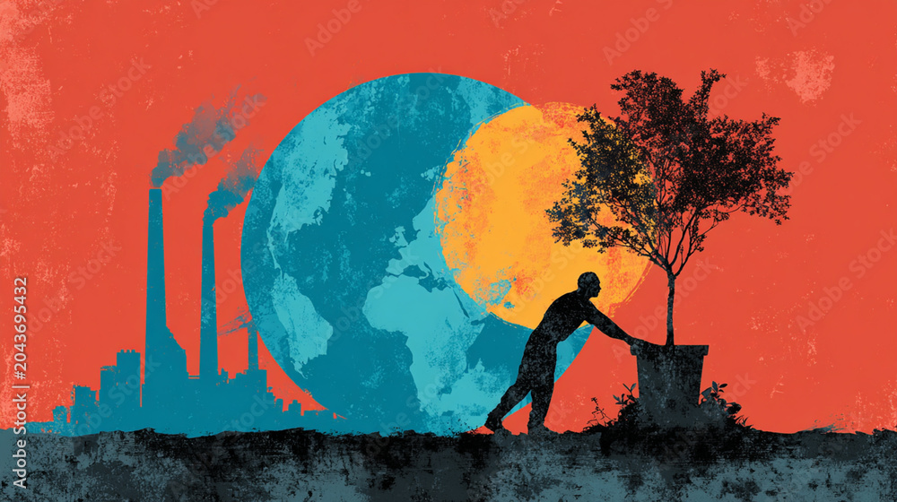 Naklejka premium A vibrant illustration depicting environmental conservation, showcasing a person planting a tree against a backdrop of industrial pollution. A symbolic representation of hope.