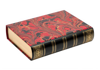 An antique leather-bound book with intricate red and gold embossed design on its cover isolated on white background