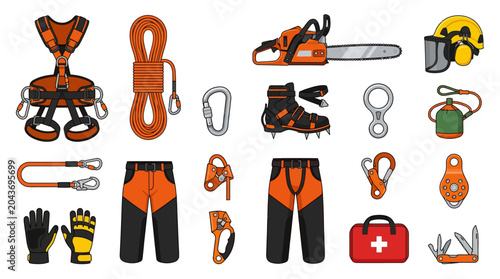 Climbing gear and safety equipment.