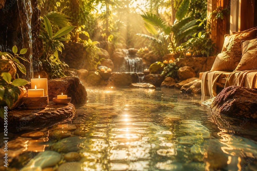 Fototapeta premium Sunlight glows warmly over a tranquil, steamy pool