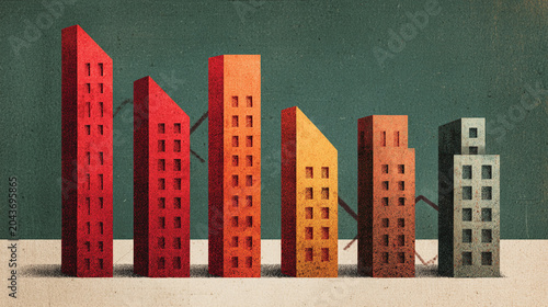 An artistic depiction of colorful abstract buildings in a minimalist style, showcasing varying heights and geometric shapes against a solid background.