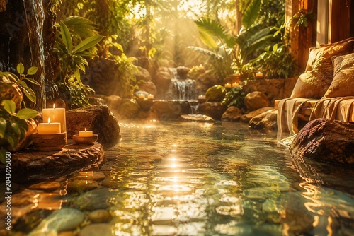 Sunlight glows warmly over a tranquil, steamy pool