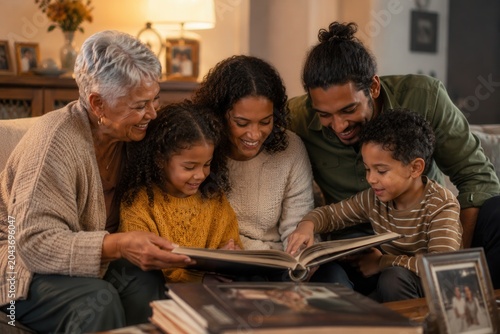 Warm family gathers around an open photo album
