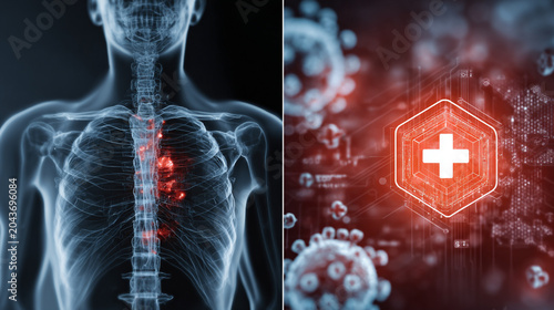 An intricate digital representation of human anatomy, showcasing the thoracic region alongside a medical symbol and pathogen imagery, illustrating the connection between health and
