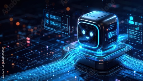 AI chatbot robot on digital platform for virtual assistant service, automated support, machine learning and customer communication