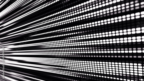 The illustration shows a bright LED or pixel panel, where bright stripes of white and black create an effect of movement and energy. Digital flow. The dynamics of light and the energy of pixels.