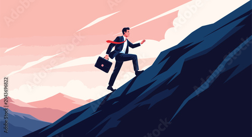 Foto Ambitious businessman climbing steep mountain carrying briefcase representing career growth and professional challenges overcome by hard work and ambition