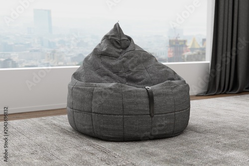 Bean bag next to window with city view in modern interior. 3D rendering