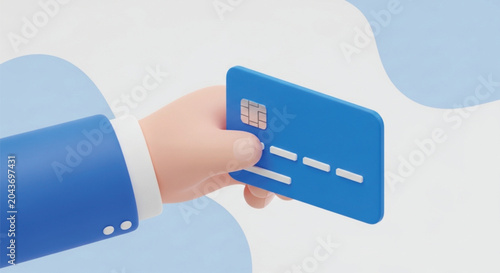 Foto Close up of 3d hand in blue suit sleeve holding blank blue credit card against soft blue background representing contactless payment and finance banking