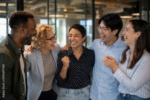 Five friends laugh together in a modern office space