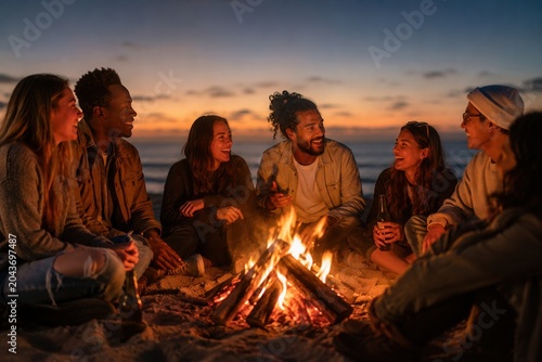 Group gathers around beach fire at sunset