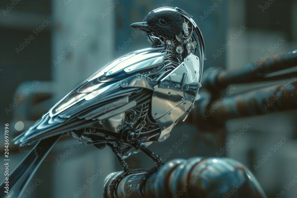 Obraz premium Metallic bird perches on rusted pipe