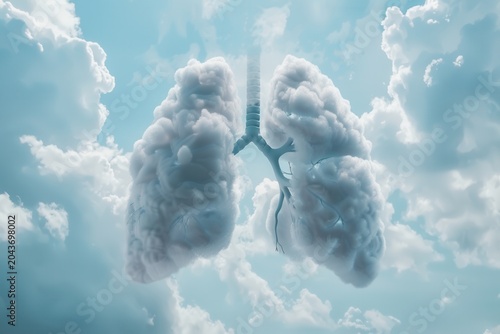 Clouds shaped like lungs float in a clear blue sky